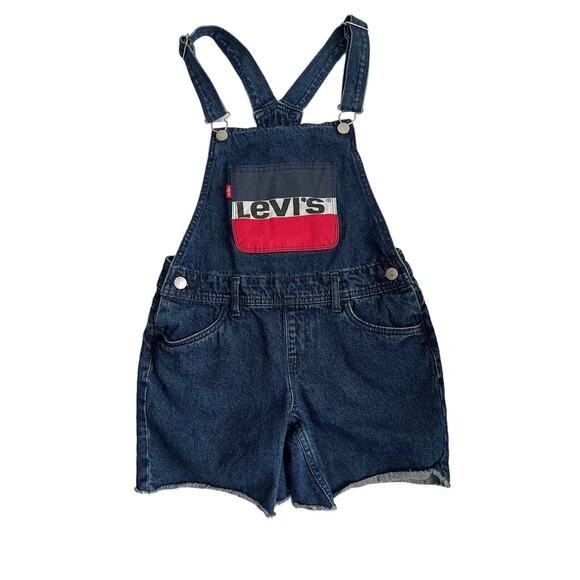 Levis Denim Shortalls Bib Overalls Girls 12R Logo Raw Hem Adjustable Straps Blue - Picture 1 of 13